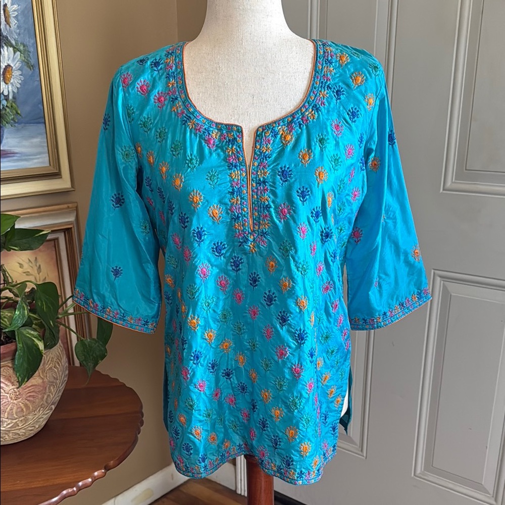 Vintage Blue Silk Embroidered Top Size S